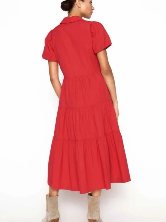 Brochu Walker Red Button-Front Tiered Midi Dress with Puff Sleeves - Picture 4 of 7
